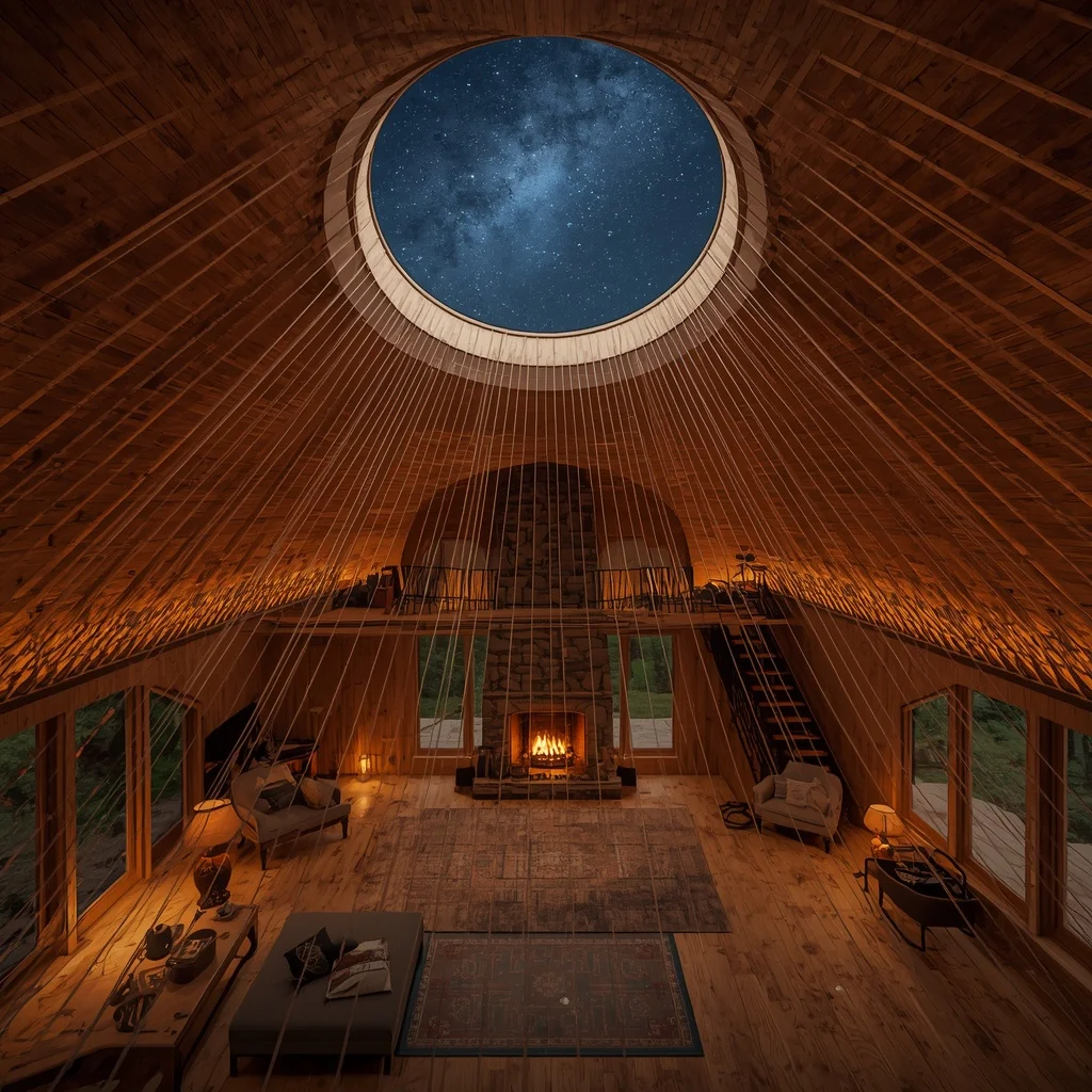 Acoustic Guitar Architecture: A Cozy Cabin Built Inside a Colossal Wooden Instrument | Cute Prompt Aesthetic