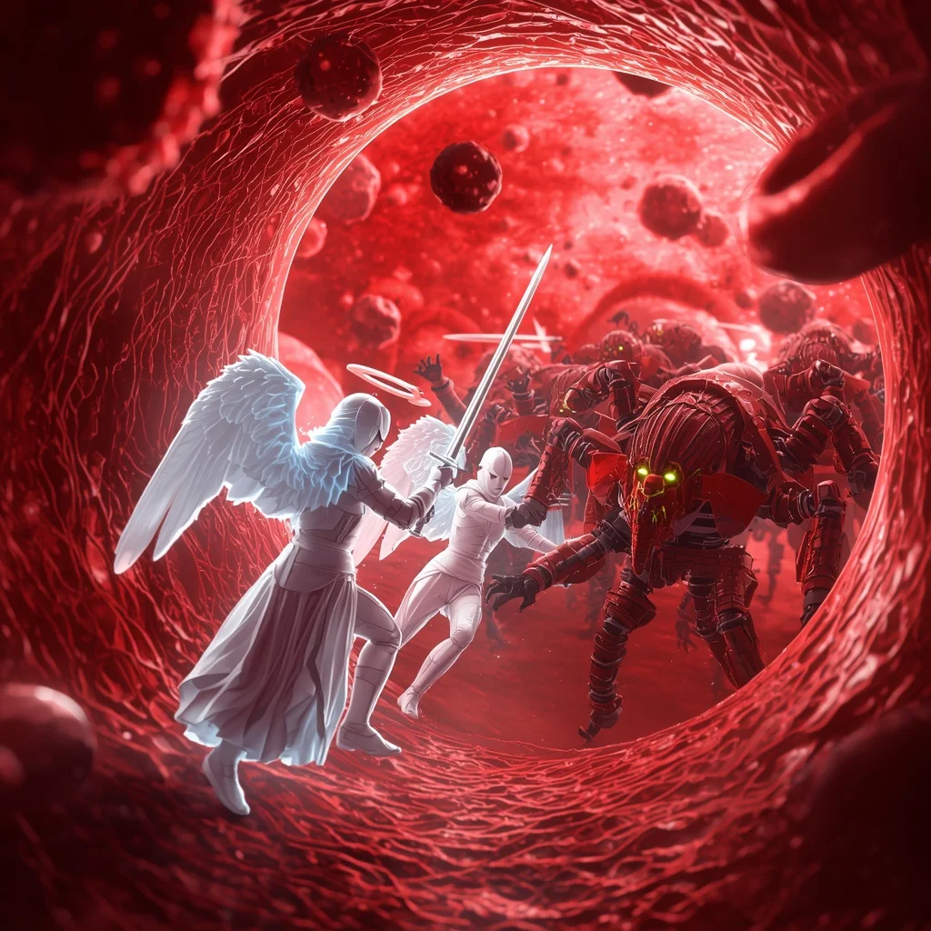 Angelic White Blood Cell Knights Battling Mechanical Locust Viruses in a Bloodstream | Prompt For Look In English