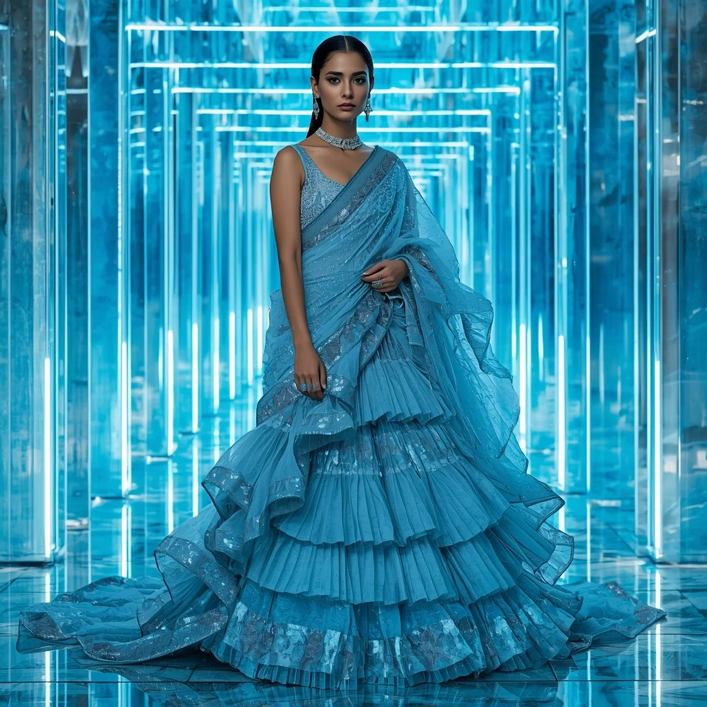 Arctic Voltage Saree with Holographic Crystal Hall | Makeup Ai Prompt