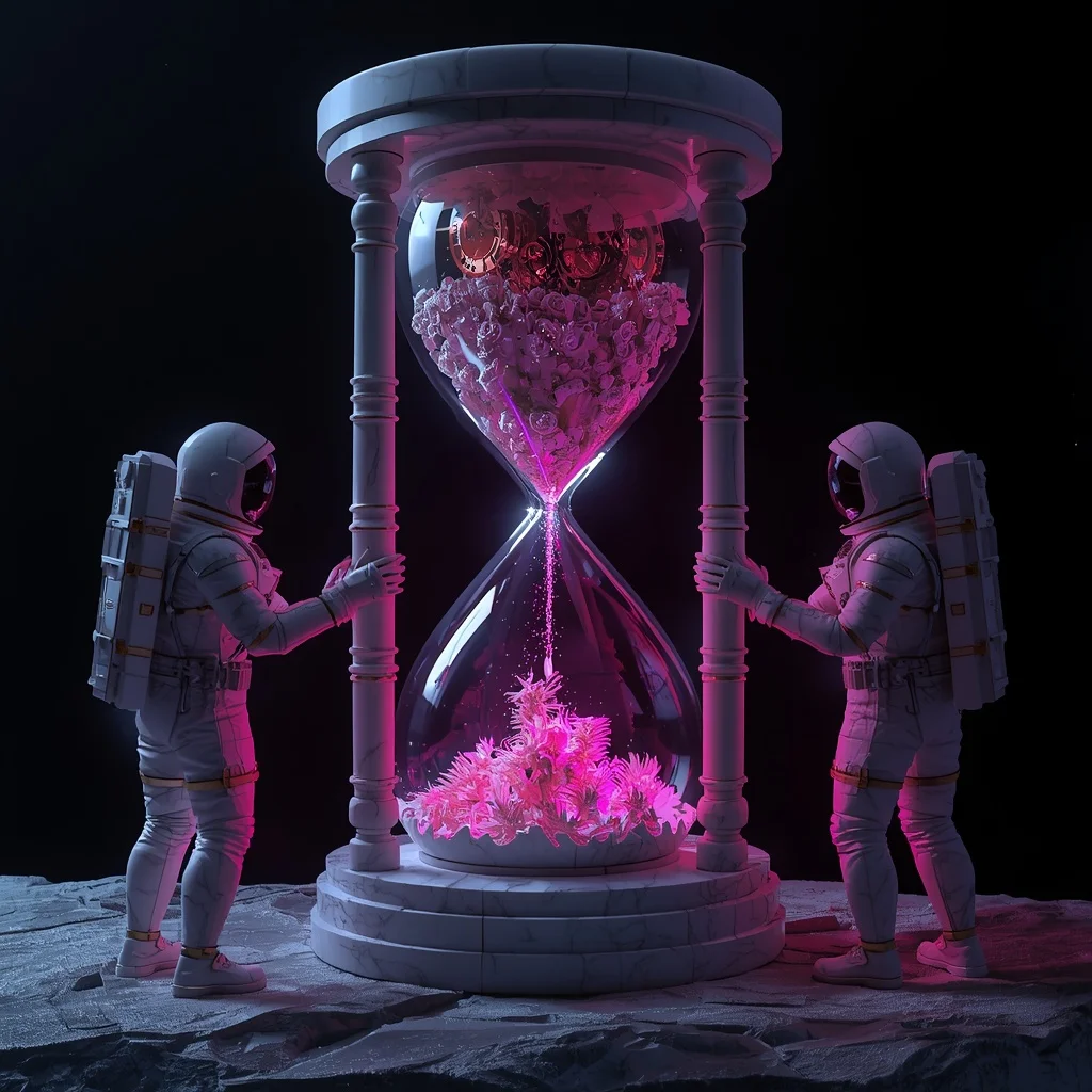 Baroque Marble Astronauts Exploring a Bioluminescent Microscopic Forest Inside a Shattered Neon Clockwork Hourglass | Ai Image Prompt Generator Free