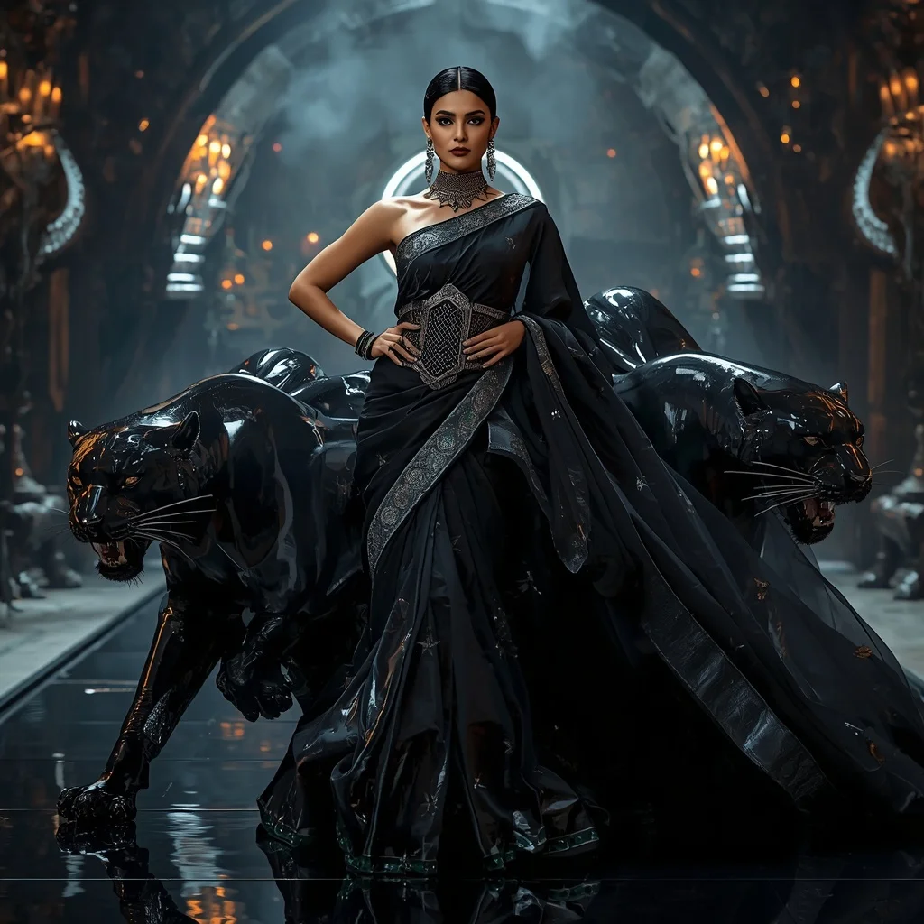 Black Crystal Panther Saree with Dark Fantasy Palace | Chatgpt Prompt