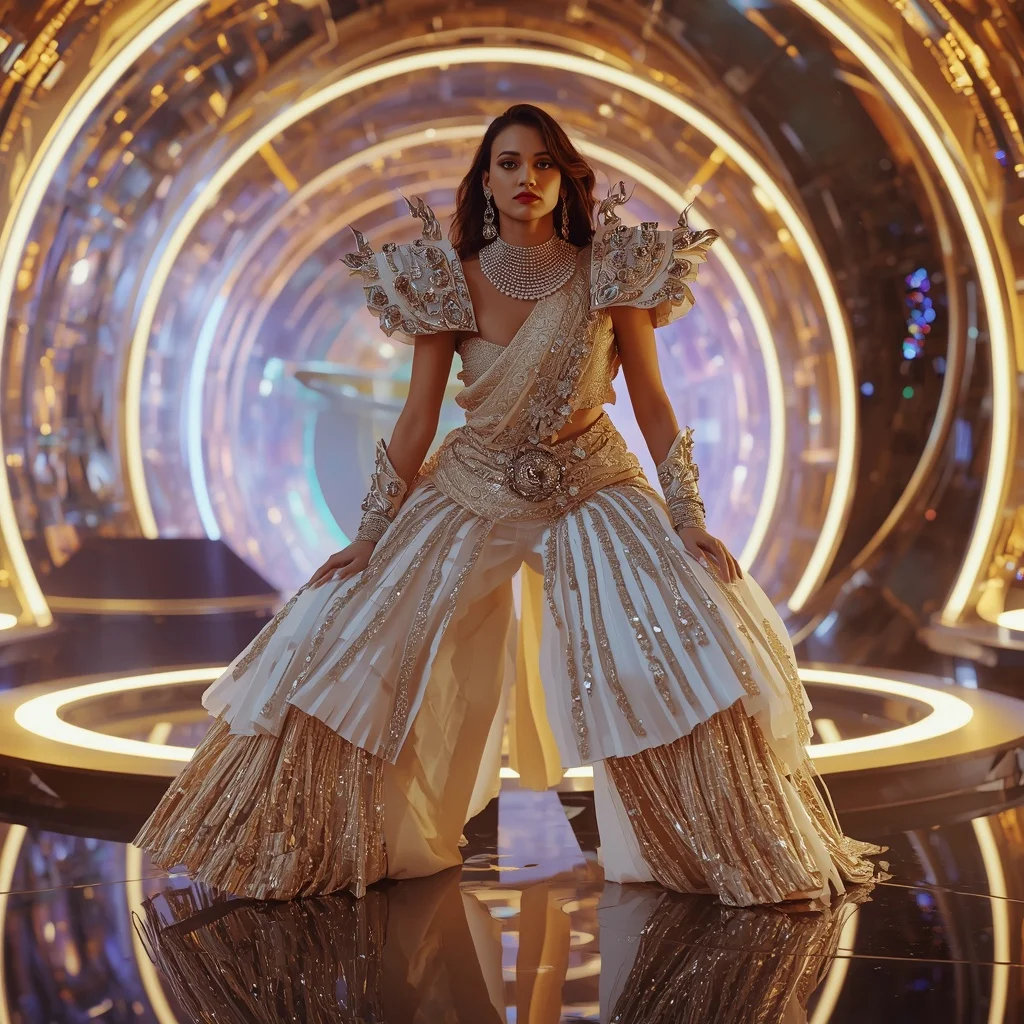 Celestial Moonfire Saree with Floating Hologram Dome | Beautiful Girl Prompt Generator
