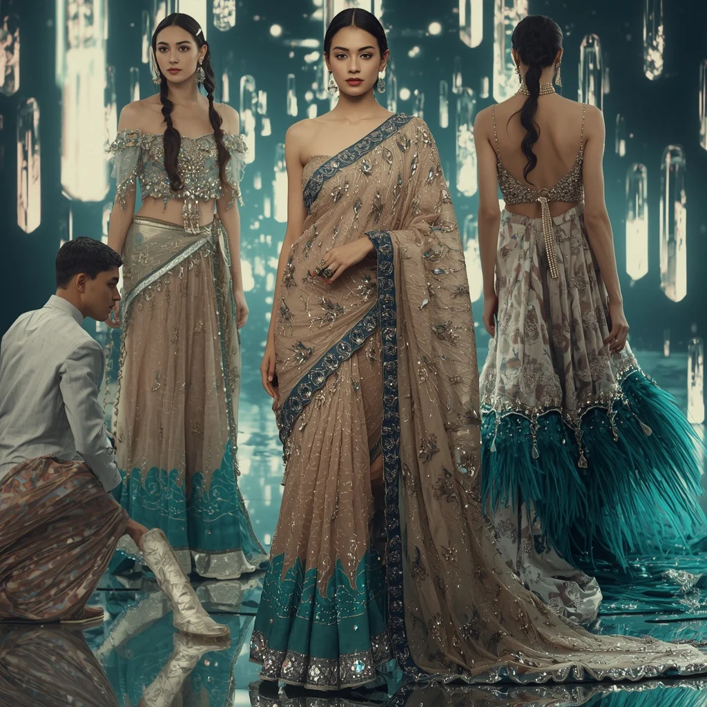 Champagne Ocean Fantasy Saree with Floating LED Cathedrals | Photo Prompt