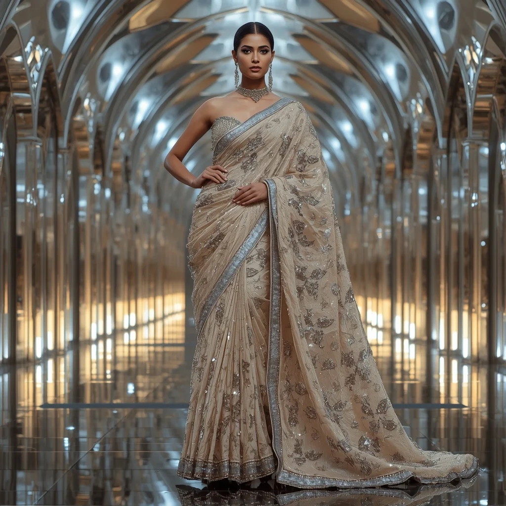 Champagne Thunder Royale Saree with Prism Storm Cathedral | Gemini Ai Photo