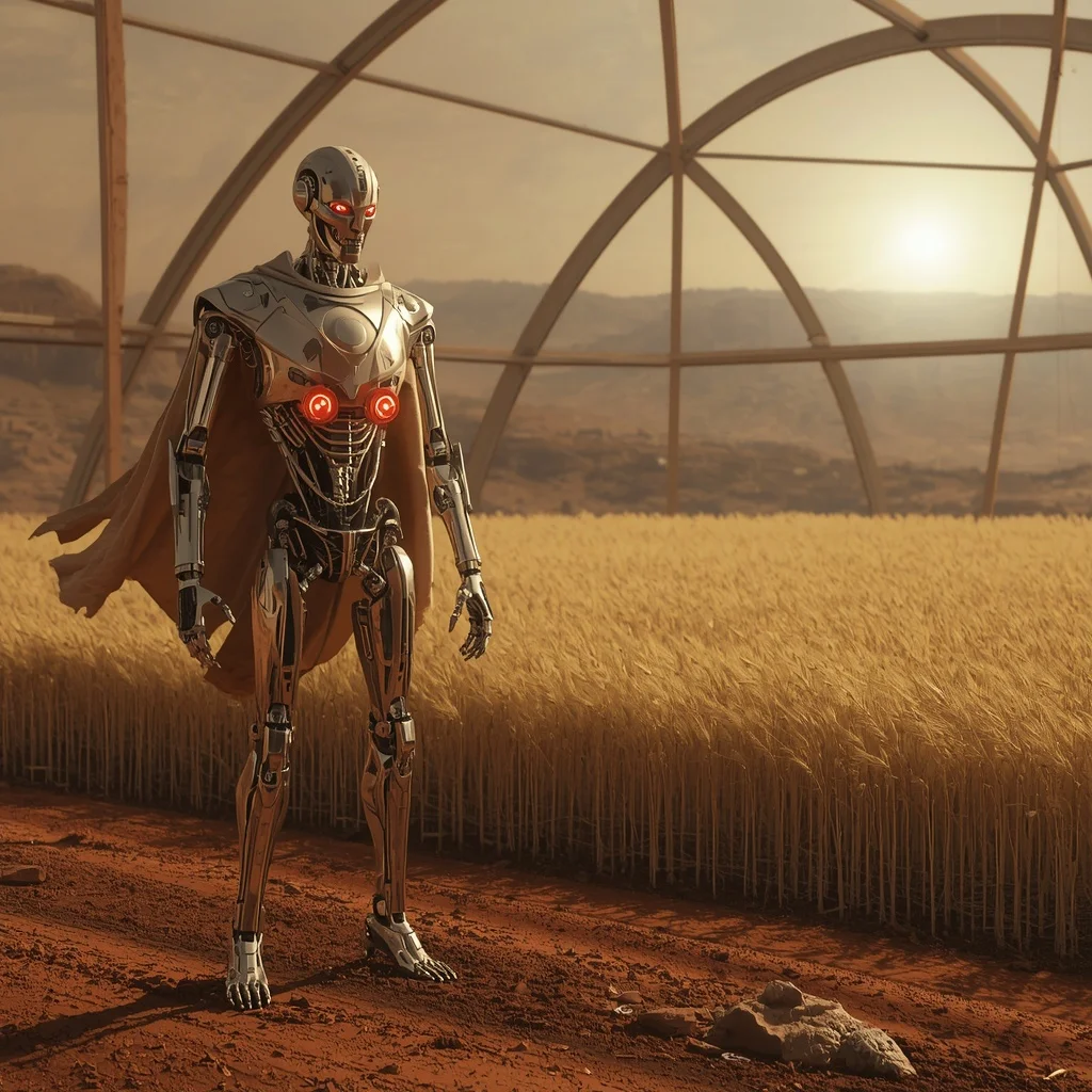Chrome Robotic Scarecrow Guarding Floating Anti-Gravity Wheat in a Martian Dome | Viral Ai Image Prompt