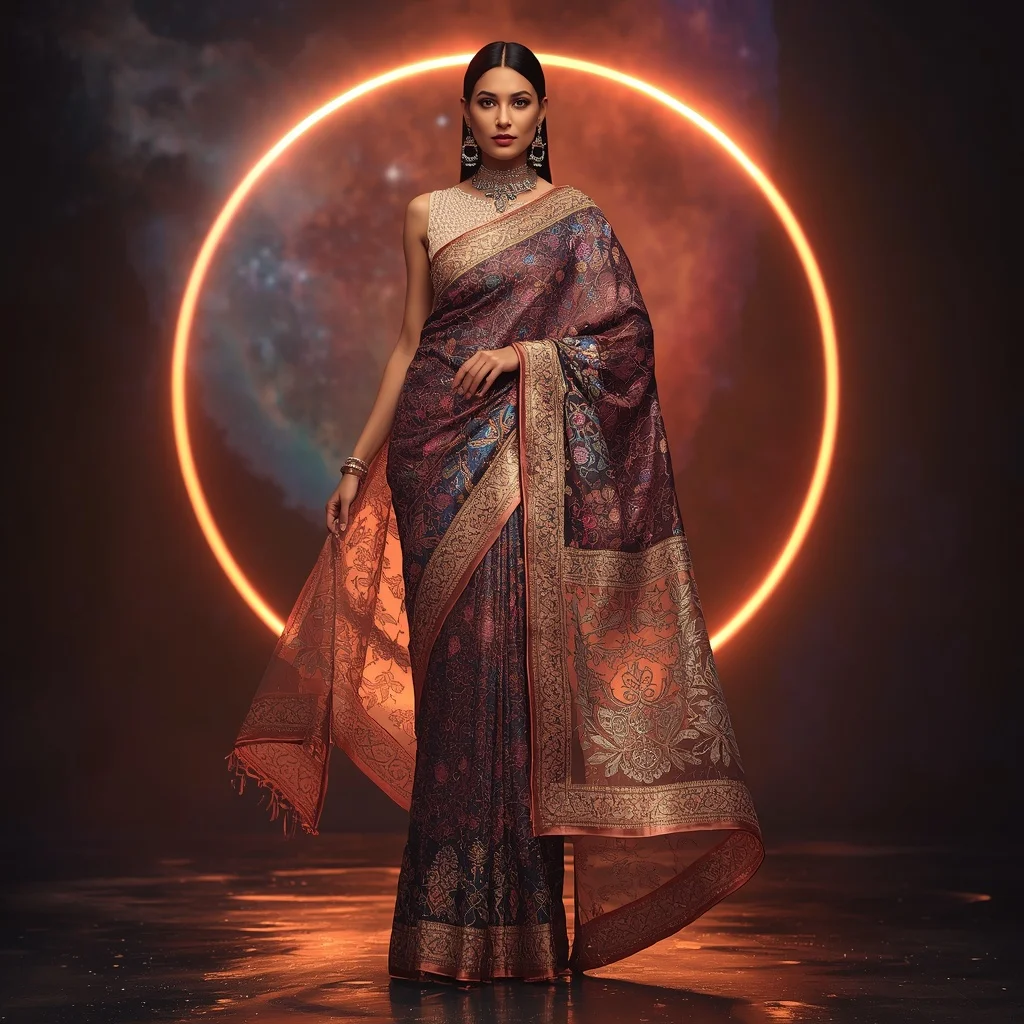 Copper Galaxy Divinara Saree with Floating Fireglass Mythverse and Cosmic Halo Eternityfire | Village Girl Ai Prompt