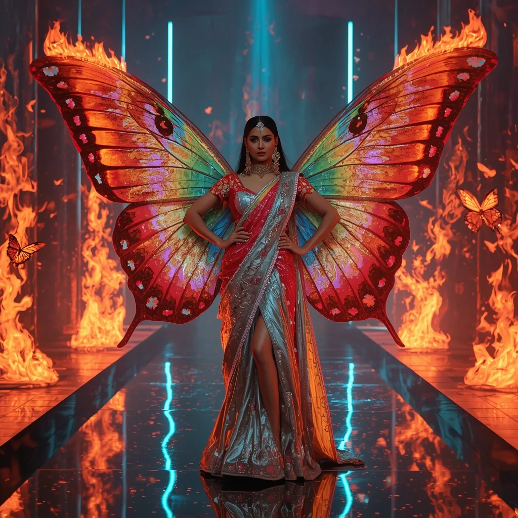 Cosmic Rainbow Butterfly Flame Saree – Heavy Festival Couture with Dynamic Goddess Pose and Neon Fantasy Background | Character Design Ai Prompt