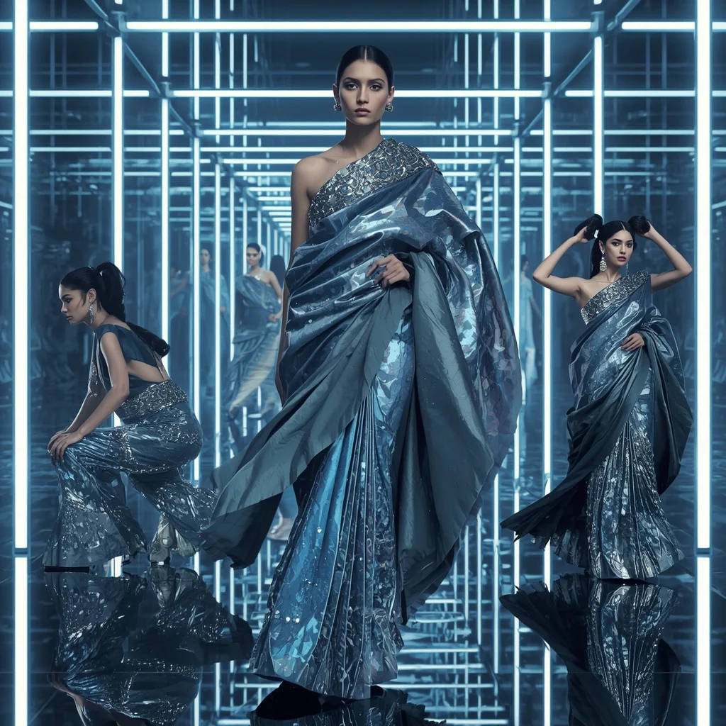 Cosmic Silver Festival Saree with Floating Neon Chamber | Instagram Aesthetic Ai Prompt
