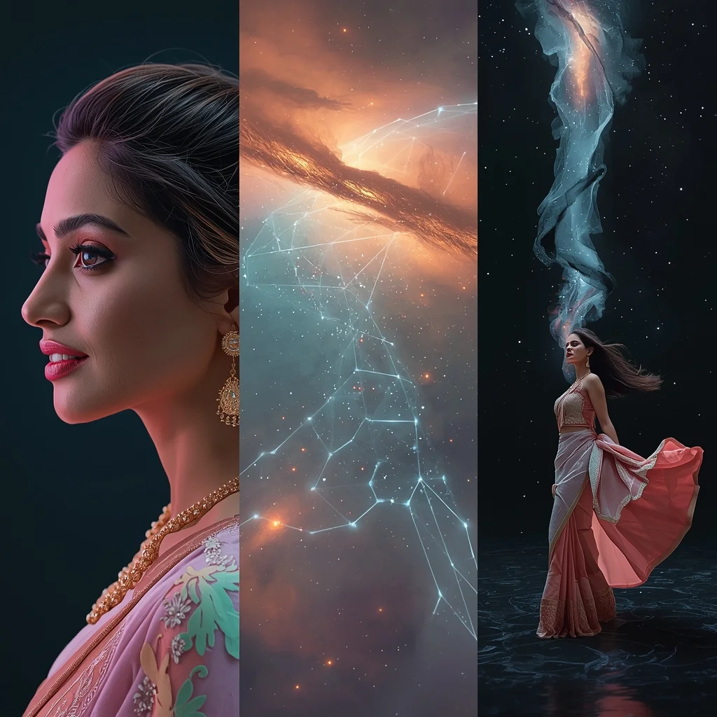 Cosmic Supernova Stardust Nebula Cloud Saree Triptych Collage | Ai Gemini Saree Prompt