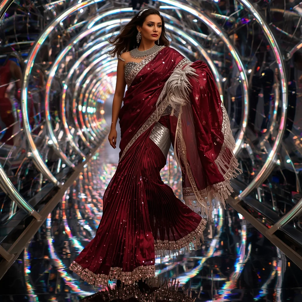 Crystal Noir Saree with Spiral Prism Reflection Catwalks | Chatgpt 4o Image Prompt