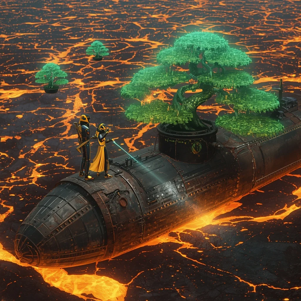 Cybernetic Pharaohs Cultivating Floating Holographic Bonsai Trees Atop a Rusting Dieselpunk Submarine in Lava | Prompt For Gemini Ai Style Trending Instagram Reddit
