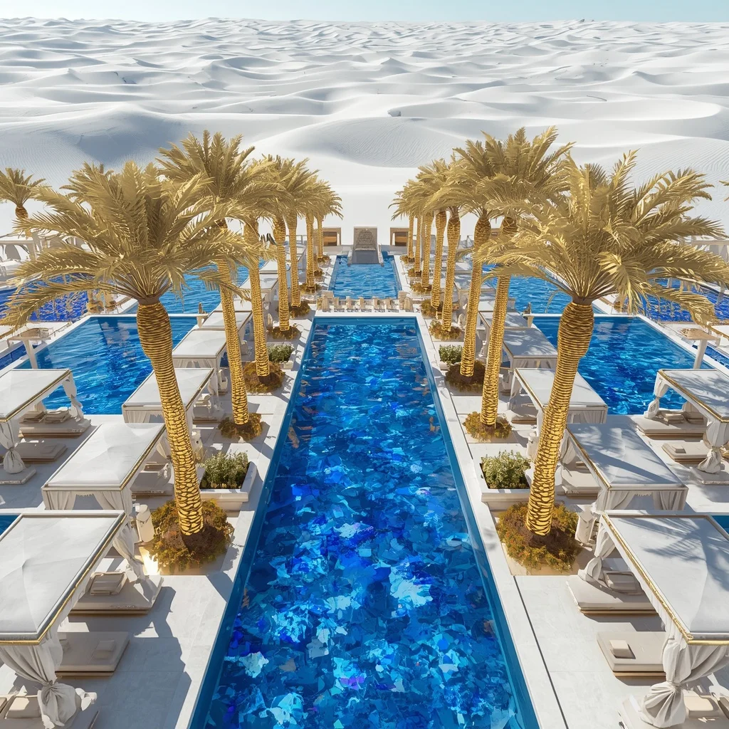 Desert Oasis Resort with Liquid Sapphire Pools and Hammered Solid Gold Palm Trees | Stylish Prompt