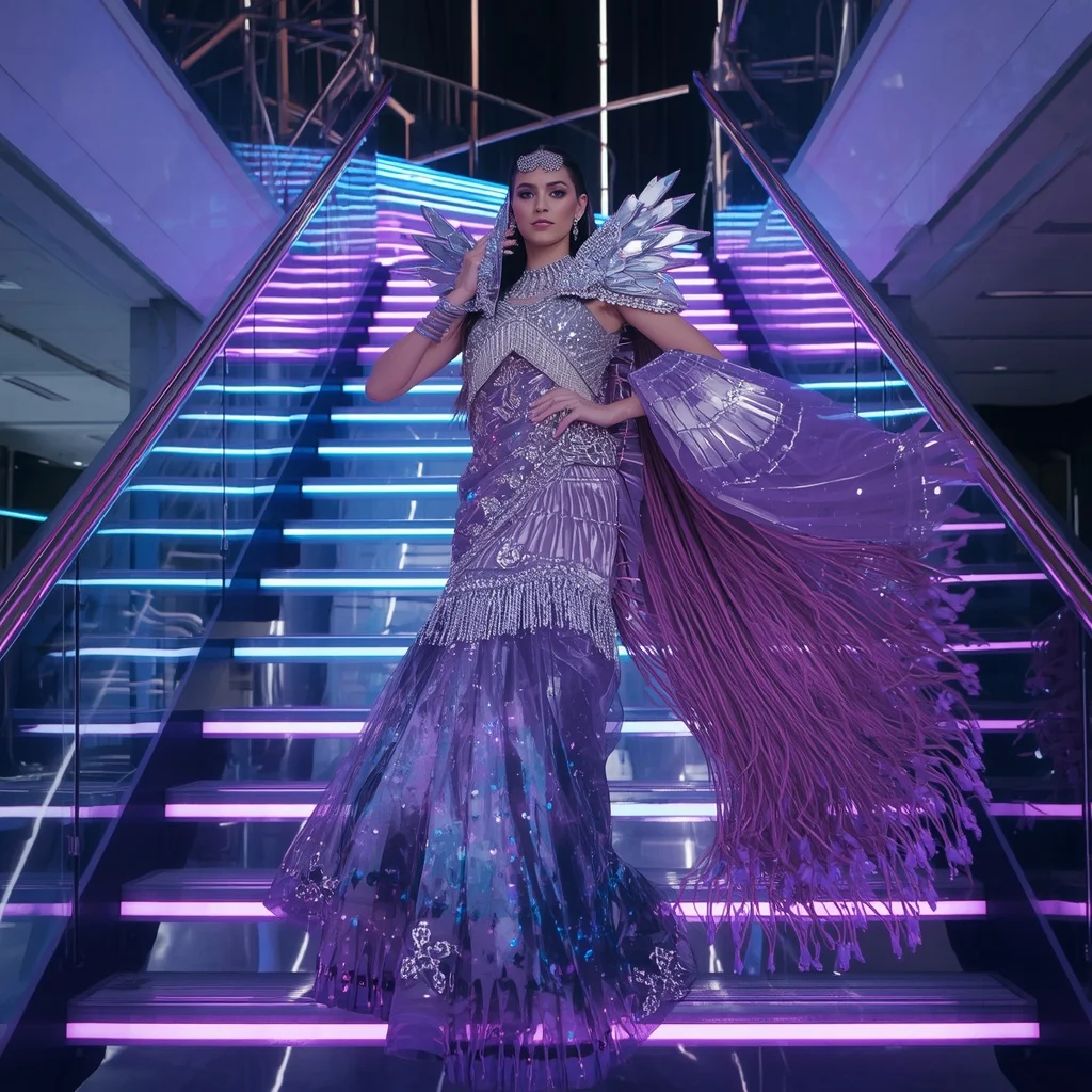 Diamond Nebula Armor Saree with Floating Prism Stairway | Saree Profile Pic Ai Prompt