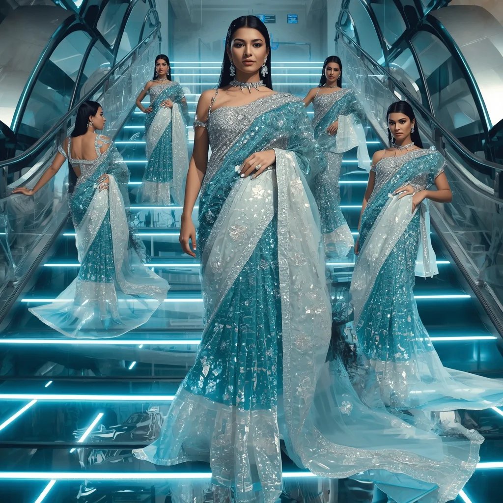Diamond Ocean Fantasy Saree with Floating Prism Stair Hall | Chatgpt Prompt