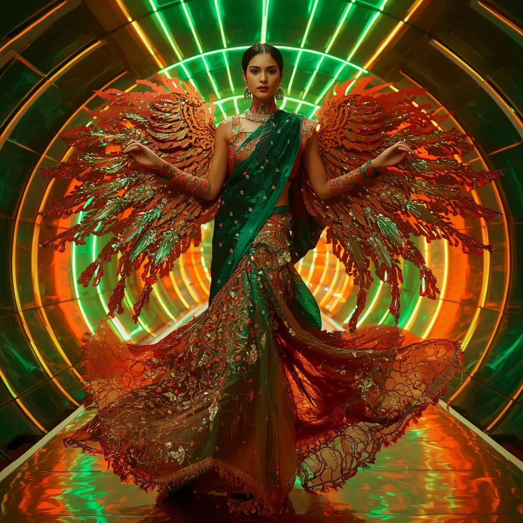 Emerald Inferno Wing Saree with Neon Solar Dome | Chatgpt Photo Editing Prompts Trending Instagram Download