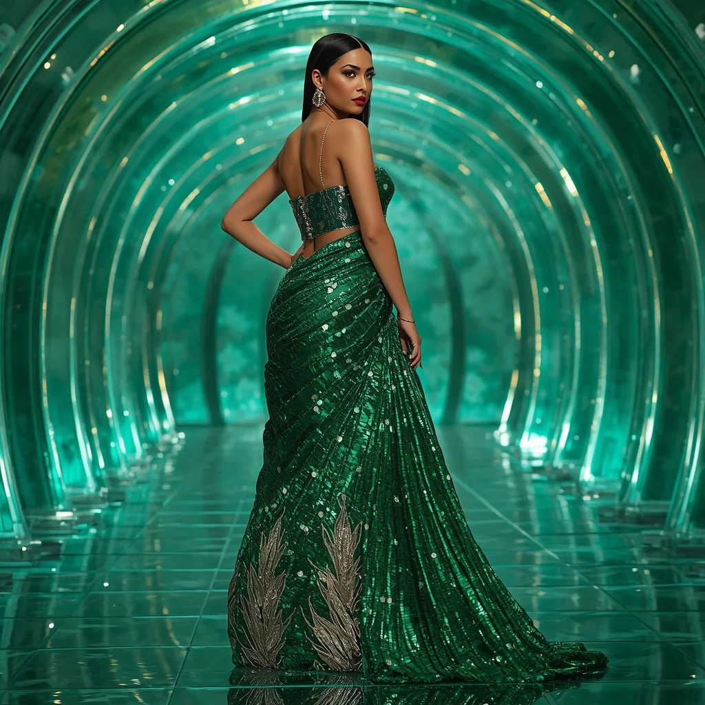 Emerald Mirror Dynasty Saree with Crystal Halo Sanctuary | Text To Image Prompt