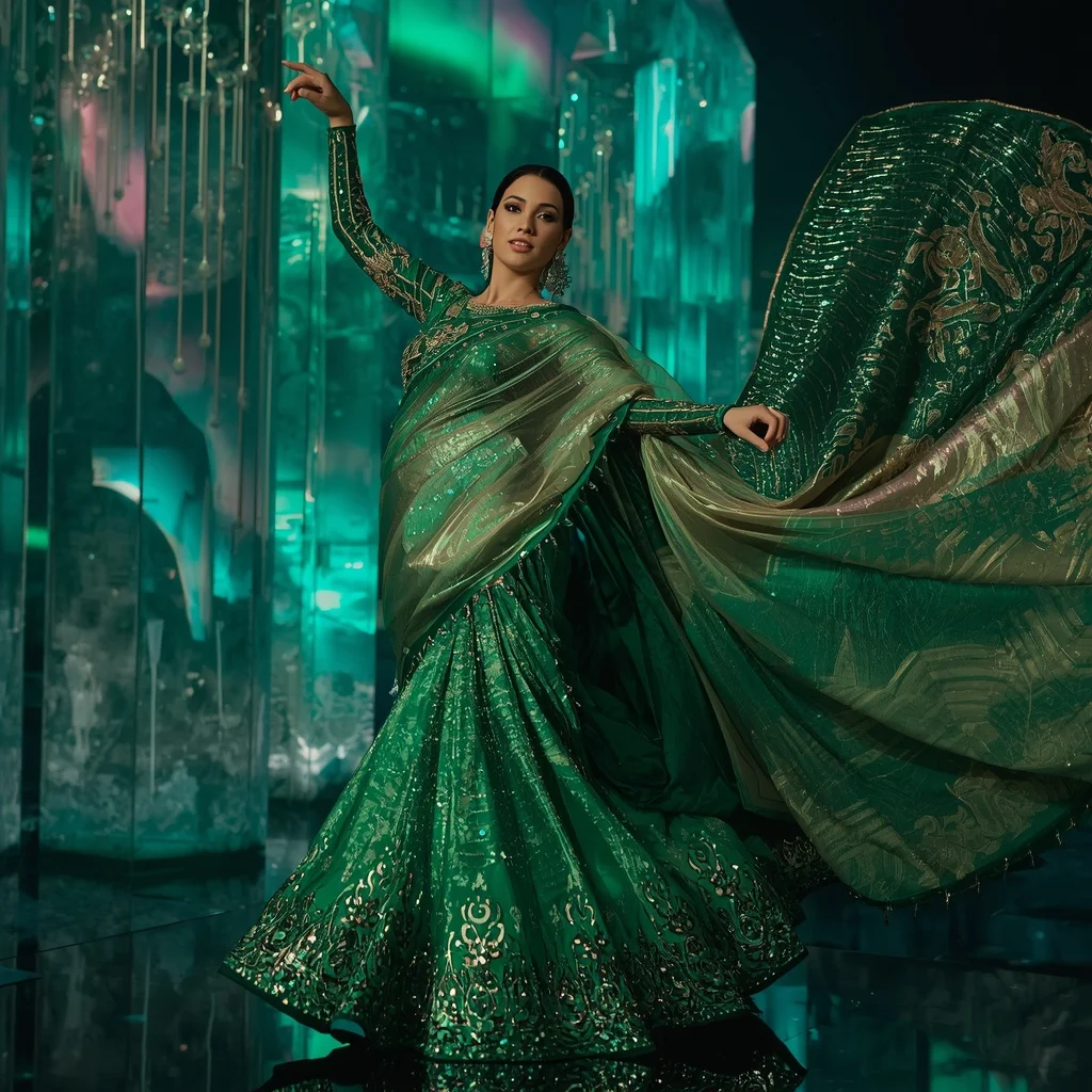 Emerald Nebula Crystal Saree with Floating Crystal Citadel | Cinematic Saree Ai Prompt