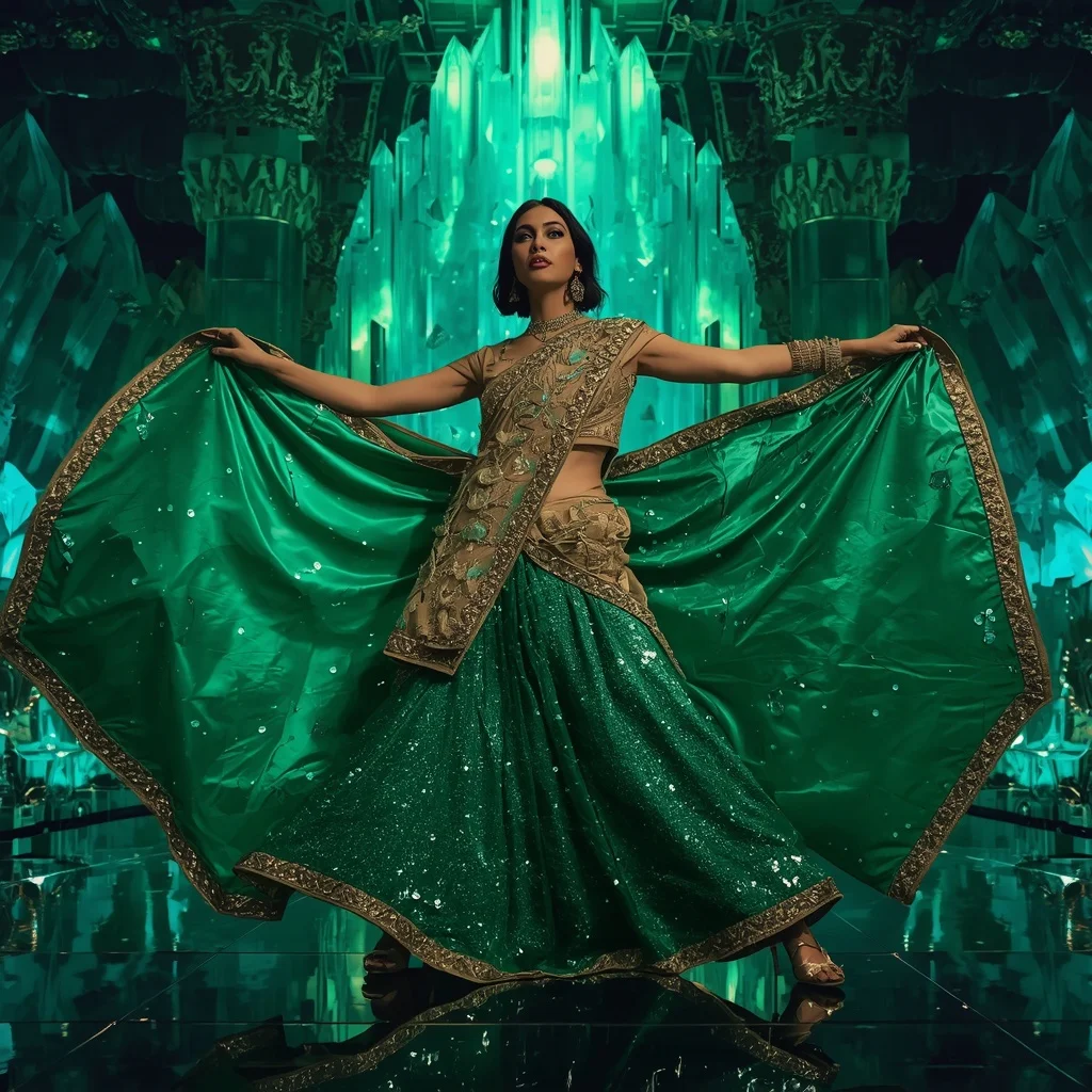 Emerald Nebula Mirage Saree with Floating Crystal Fortress | Leonardo Ai Girl Prompt