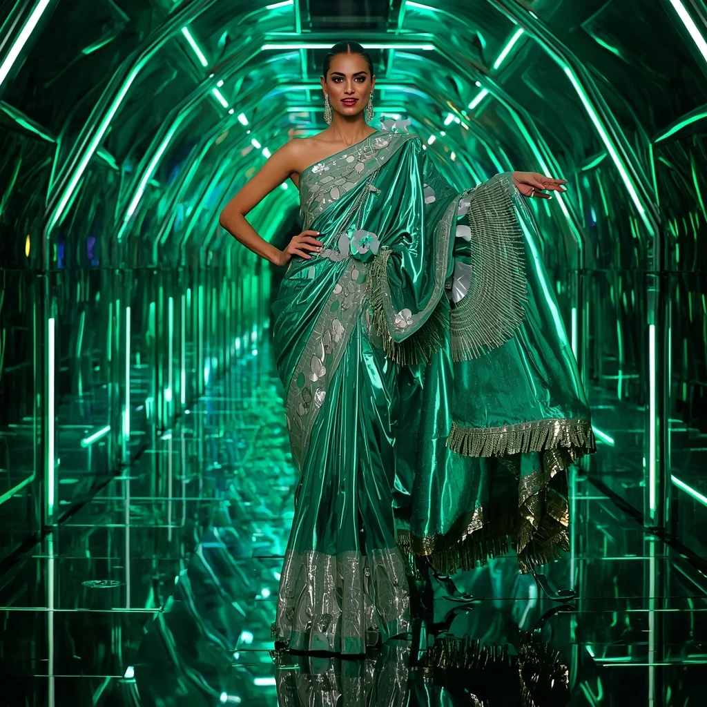 Emerald Nova Mirror Saree with Infinite Prism Hall | Prompt For Gemini Ai Girl In Traditional Dress