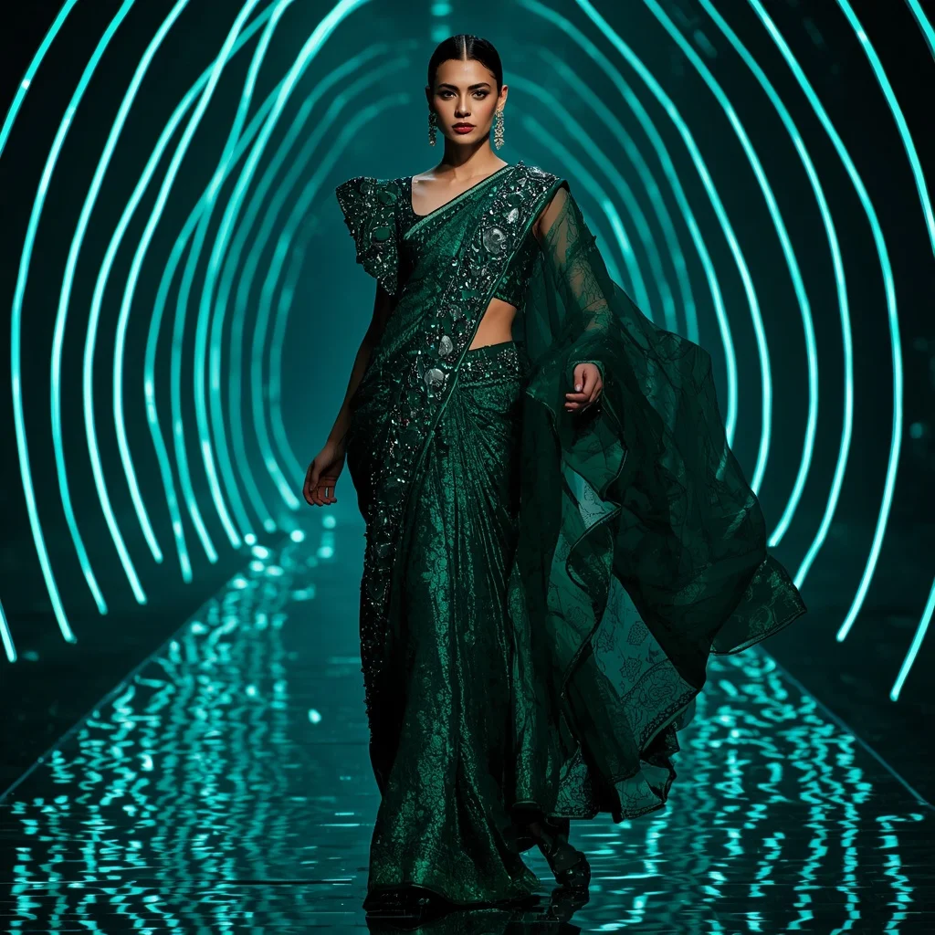 Emerald Thunder Saree with Digital Curve Hall | Gemini Photo Prompt