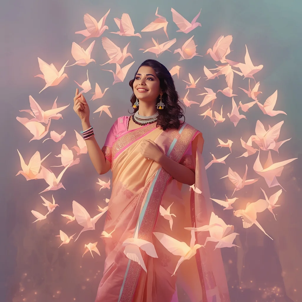 Enchanted Origami Light Flock | Saree Photo Ai Prompt