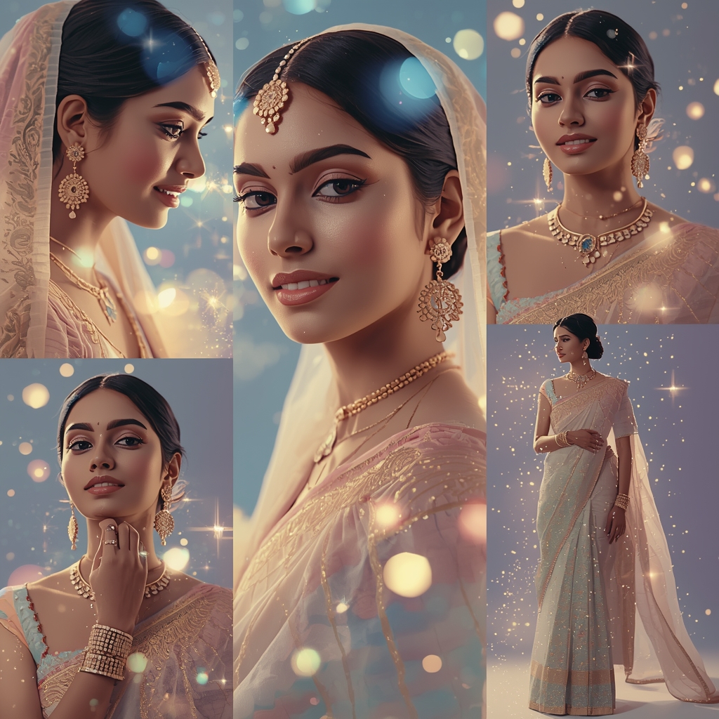 Enchanted Starlight Bloom Pastel Saree Indian Woman Collage | Saree Prompt For Instagram