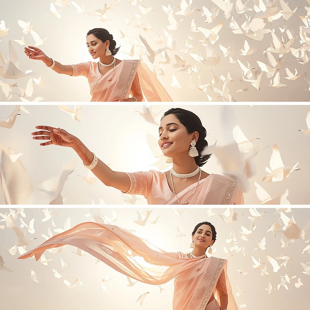 Fancy Festival Saree Levitating Origami Bird Storyboard Art | Saree Girl Dp Ai Prompt Ultra Hd
