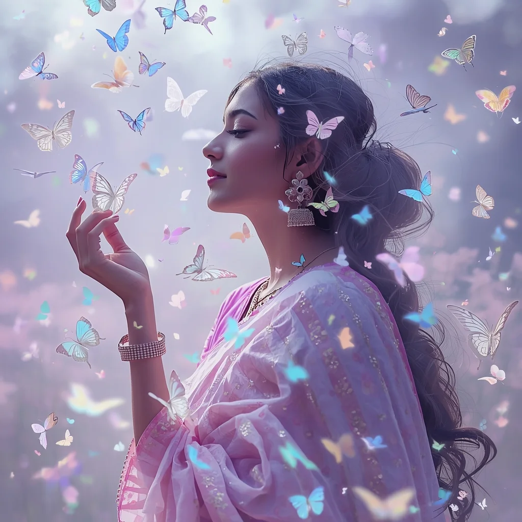 Festive Pastel Saree Bioluminescent Neon Butterfly Dream Cinematic | Gemini Saree Prompt For Woman
