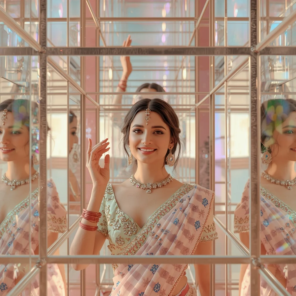 Festive Pastel Saree Crystal Grid Reflection Collage Luxury Cinematic | Prompt For Saree Look For Girl In English
