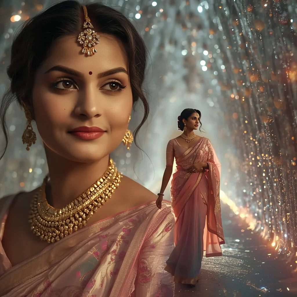 Festive Pastel Saree Enchanting Ethereal Crystal Tunnel Collage | Magical Fantasy Prompt | Aesthetic Saree Ai Prompt