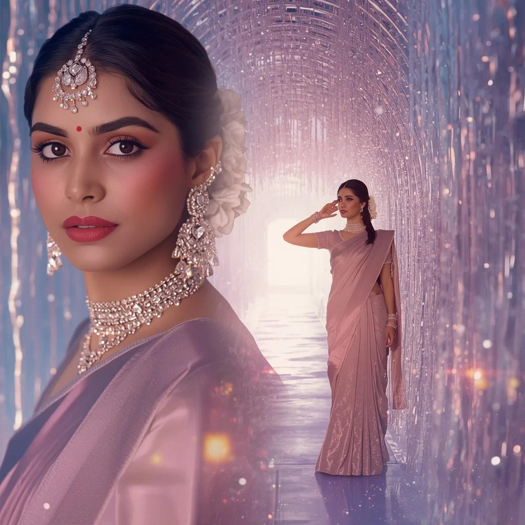 Festive Pastel Saree Enchanting Ethereal Crystal Tunnel Collage | Magical Fantasy Prompt | Ai Gemini Saree Prompt