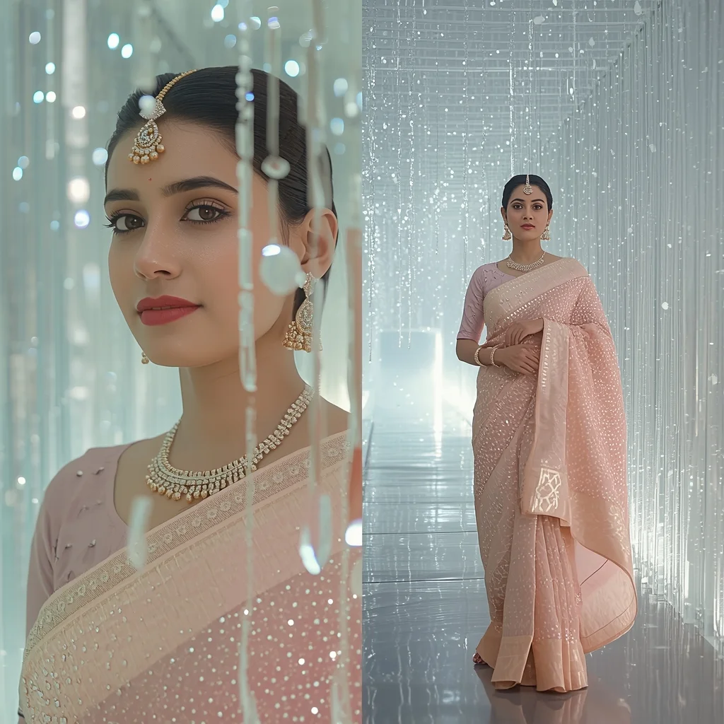 Festive Pastel Saree Enchanting Mystical Ethereal Crystal Tunnel Collage | Magical Fantasy Prompt | Saree Ai Prompt