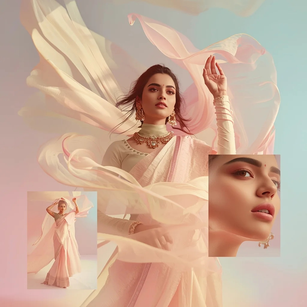 Festive Pastel Saree Floating Fabric Aura Collage | Indian Girl Motion Elegance Aesthetic Soft Cinematic Viral Prompt | Saree Girl Dp Ai Prompt Ultra Hd