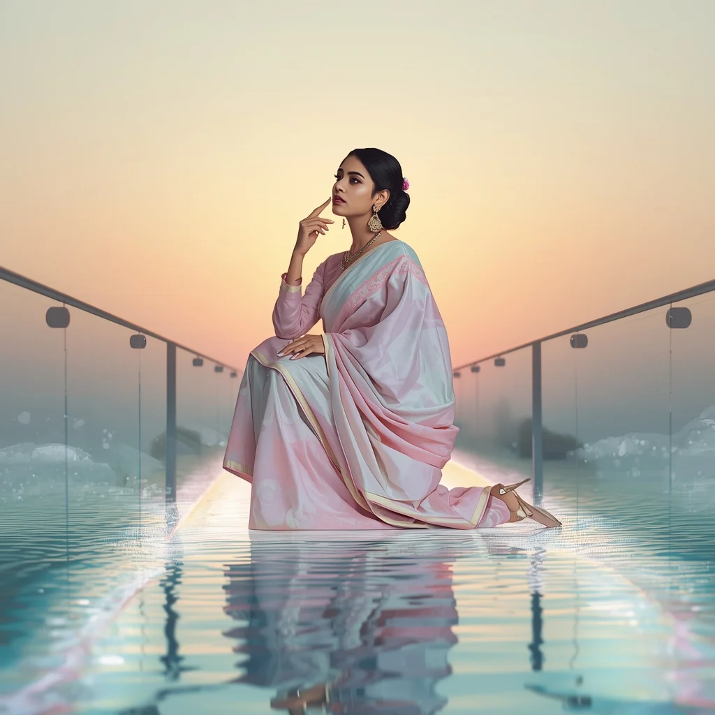 Festive Pastel Saree Flowing River Sunset Glow Wave | Aesthetic Saree Ai Prompt