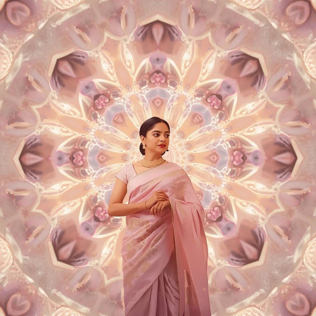 Festive Pastel Saree Fractal Light Bloom Shell Infinity Collage Cinematic Aesthetic | Chatgpt Prompt Examples