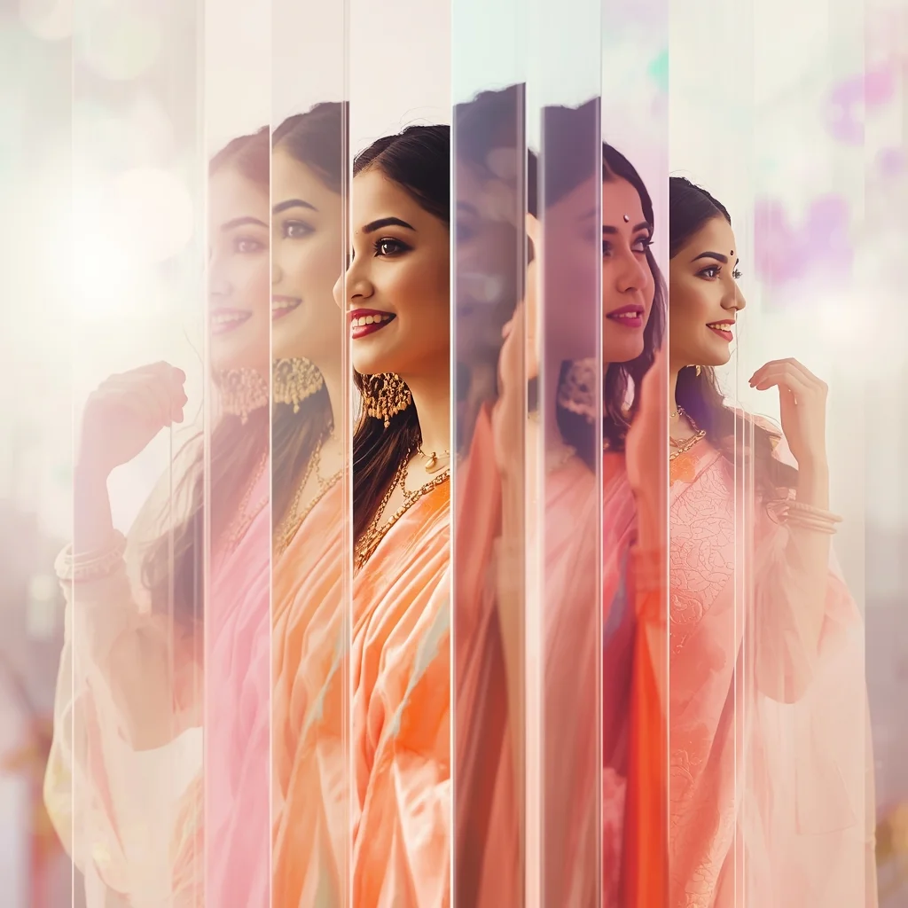 Festive Pastel Saree Hyper Dimensional Panel Drift Collage Premium Cinematic | New Instagram Trending Photo Editing Prompt