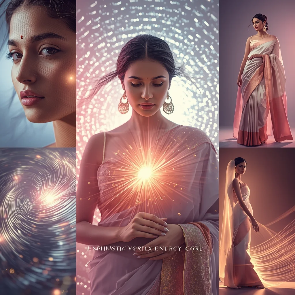 Festive Pastel Saree Hypnotic Ripple Vortex Energy Core Collage | Mesmerizing Glow Prompt | Saree Photoshoot Prompt Ultra Realistic