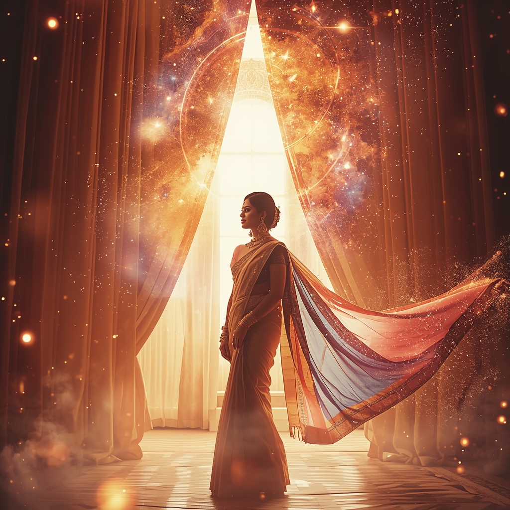 Festive Pastel Saree Imperial Cosmic Curtain Galaxy Burst Collage | Regal Symphony Prompt | Saree Couple Ai Prompt