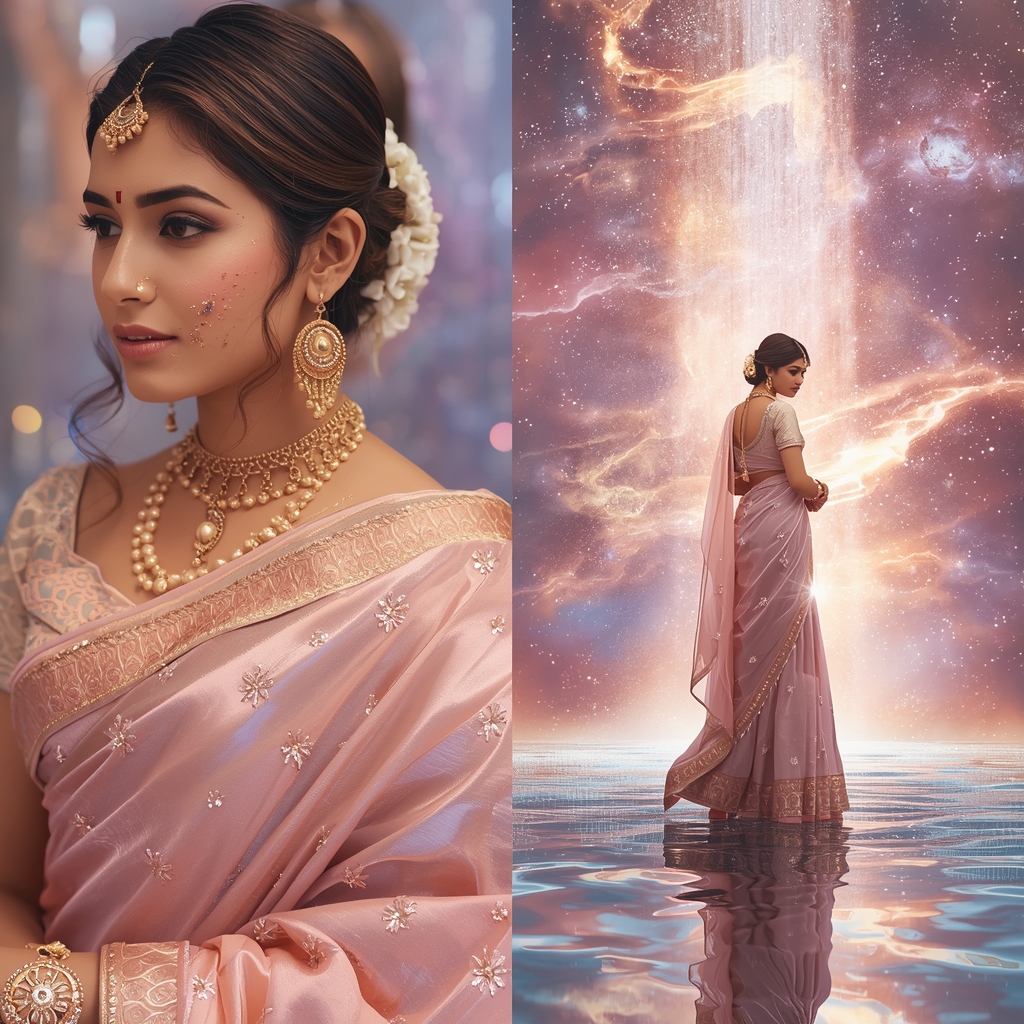 Festive Pastel Saree Infinite Mirror Vortex Cosmic Burst Light Waterfall Collage | Indian Girl Supreme Reflection Galaxy Flow Aesthetic Cinematic Viral Prompt | Gemini Ai Saree Prompt