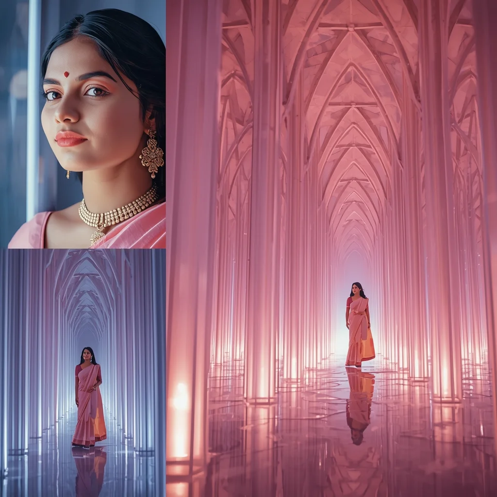 Festive Pastel Saree Light Beam Cathedral Collage | Architectural Glow Prompt | Gemini Girl Photo Prompt Indian Style Instagram