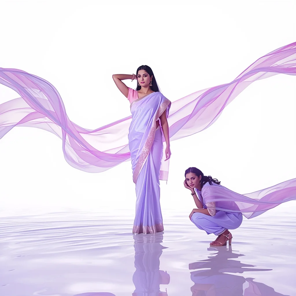 Festive Pastel Saree Magical Neon Flow Glossy Surface | Wedding Saree Ai Prompt