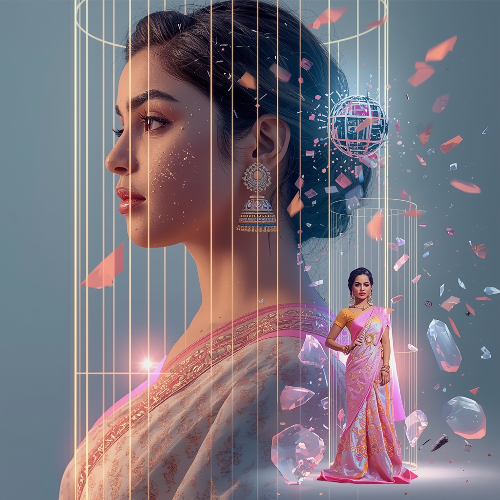 Festive Pastel Saree Magnetic Particle Light Cage Collage | Modern Saree Ai Prompt