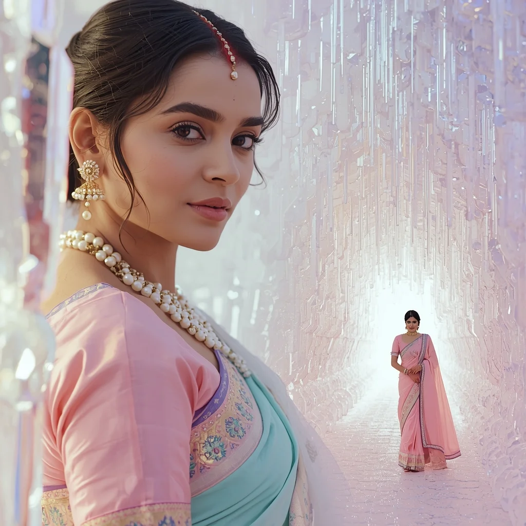 Festive Pastel Saree Mystical Ethereal Crystal Tunnel Collage | Enchanting Fantasy Prompt | Traditional Saree Ai Prompt