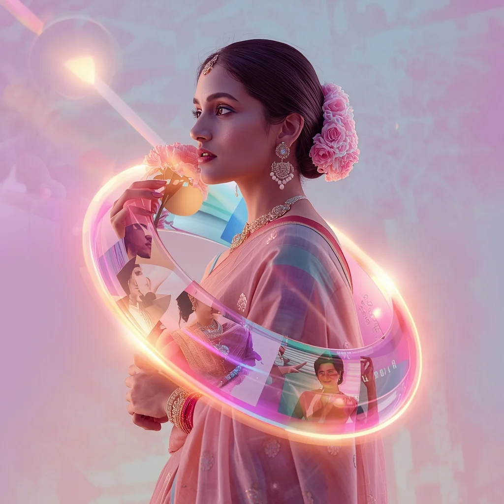 Festive Pastel Saree Photon Ribbon Möbius Light Collage | Traditional Saree Prompt For Chatgpt In English For Girl