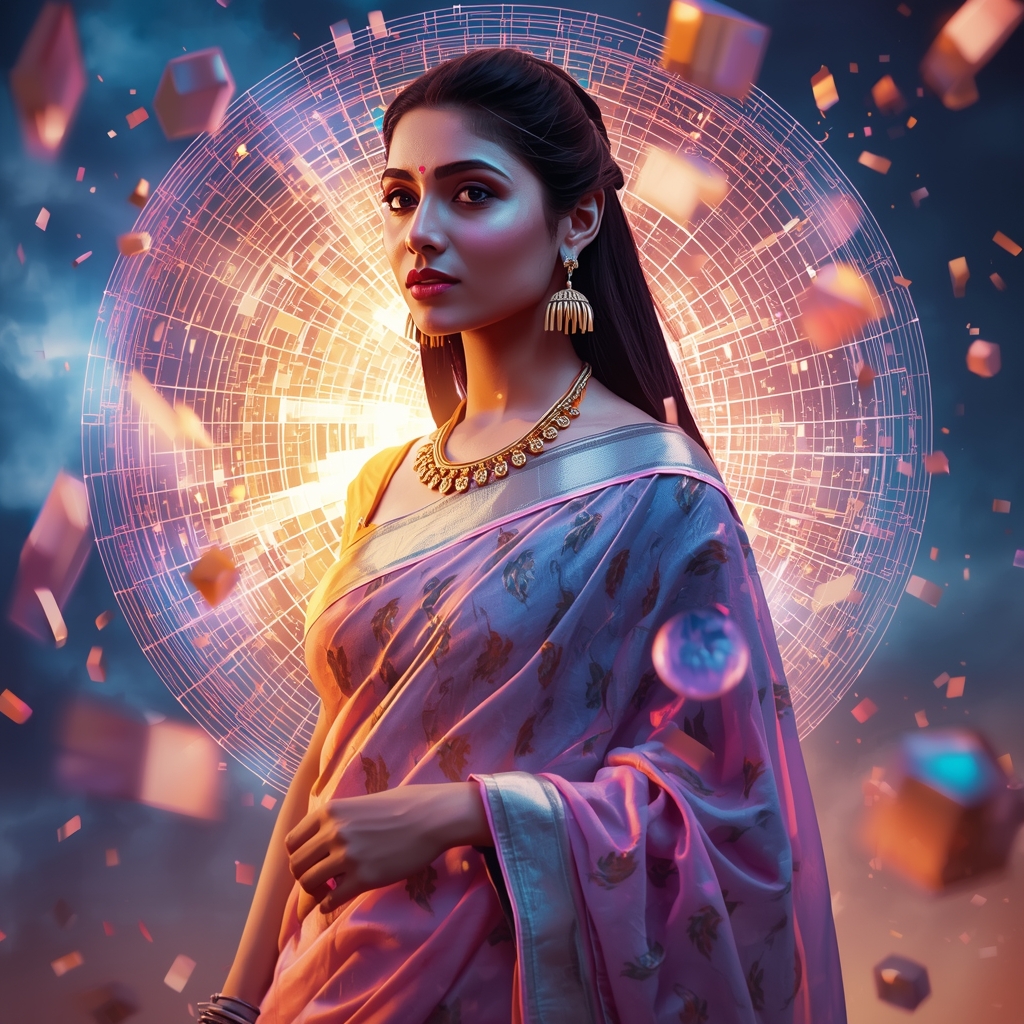 Festive Pastel Saree Quantum Magnetic Grid Tornado Collage | Hyper Futuristic Prompt | Saree Photoshoot Prompt Ultra Realistic