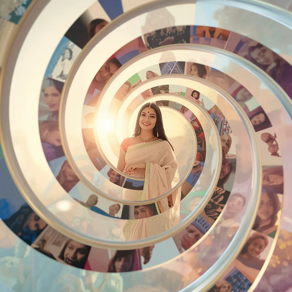 Festive Pastel Saree Temporal Frame Spiral Corridor Collage Cinematic Aesthetic | New Instagram Trend Prompt For Girl