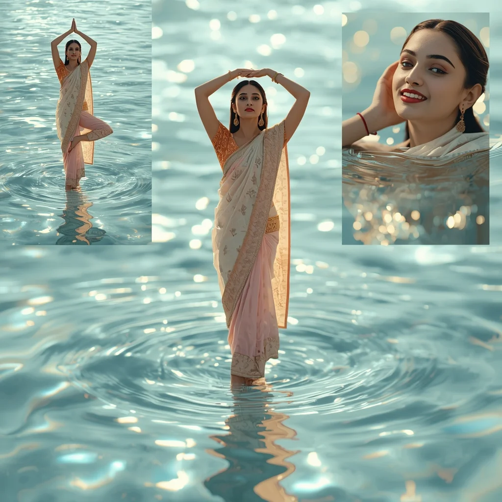 Festive Pastel Saree Water Glow Ripple Ocean Reflection | Indian Saree Ai Prompt