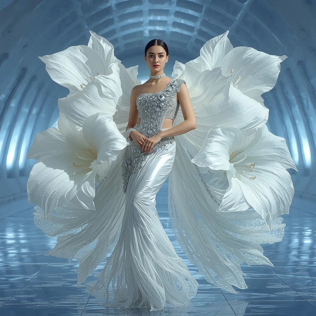 Frozen Crystal Lily Saree with Ice Aurora Palace | Modern Drape Saree Ai Prompt