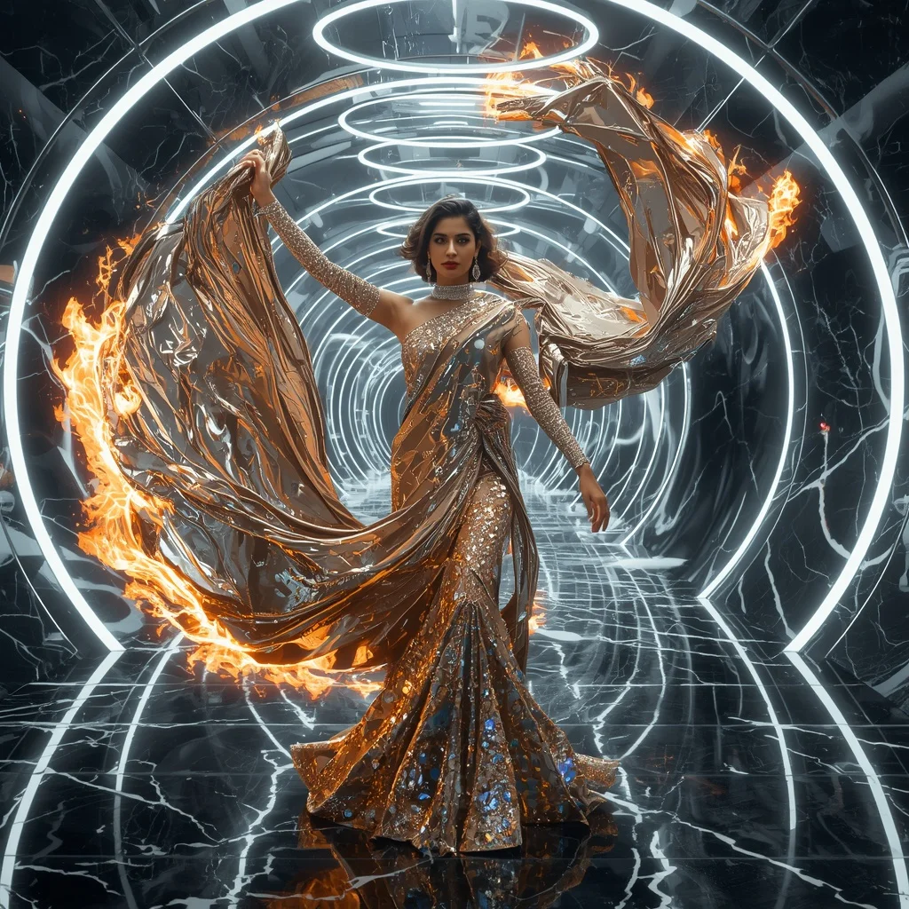 Futuristic Liquid Mirror Flame Saree with Infinity Chrome Orbit Hall | Girl Standing In Rain Ai Prompt