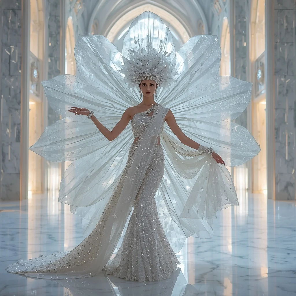 Giant Crystal Flower Halo Crown Saree with White Reflection Cathedral | Cute Girl Ai Prompt